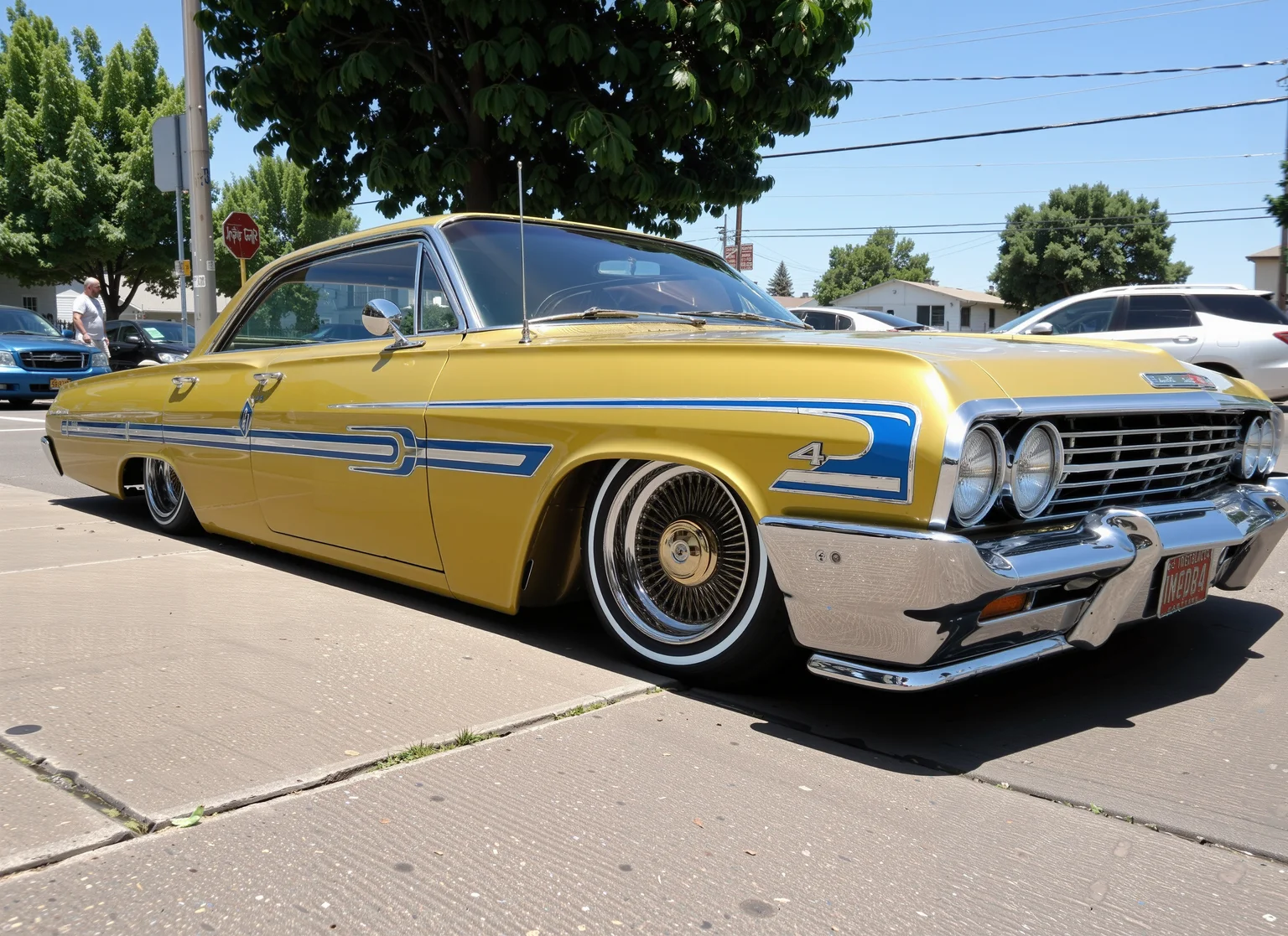 a 1967 chevrolet impala lowrider, 1mp4l4,. chromaflair yellow metalflake paint with blue and white straight line designs on it, white sidewall tires, gold wire wheels, in a los angeles street <lora:lowrider:1> <lora:Chevy_Impala_67:1>