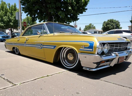 a 1967 chevrolet impala lowrider, 1mp4l4,. chromaflair yellow metalflake paint with blue and white straight line designs on it, white sidewall tires, gold wire wheels, in a los angeles street <lora:lowrider:1> <lora:Chevy_Impala_67:1>