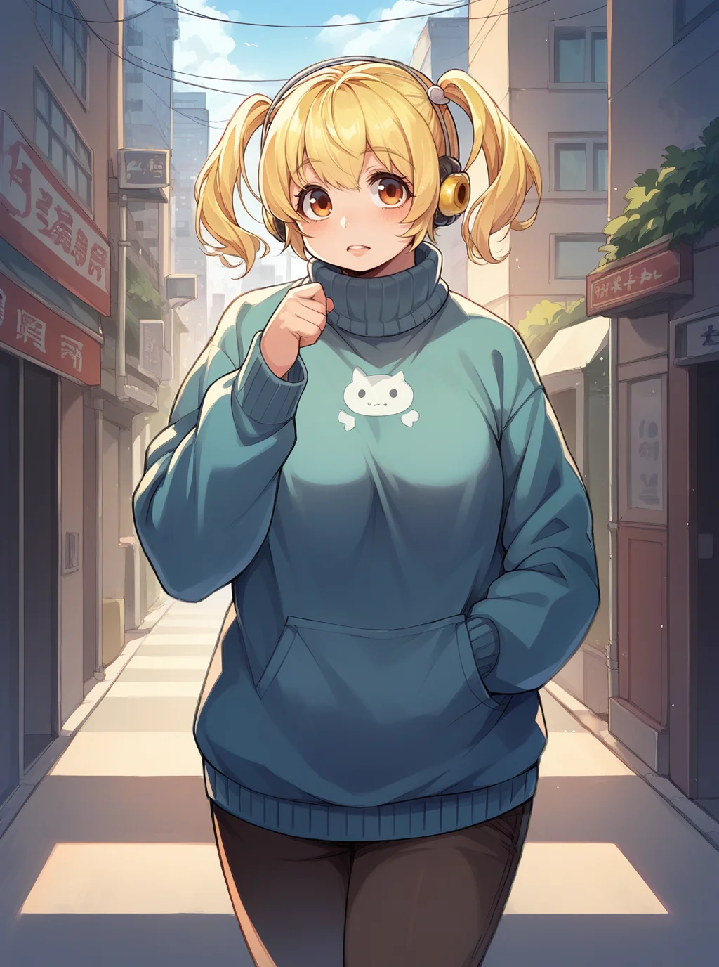 score_9, score_8_up, score_7_up, source_anime, solo, 1girl, super pochaco, blonde hair, (plump:0.8), sweater, city, <lora:pochaco_PDXL-000001:1>
