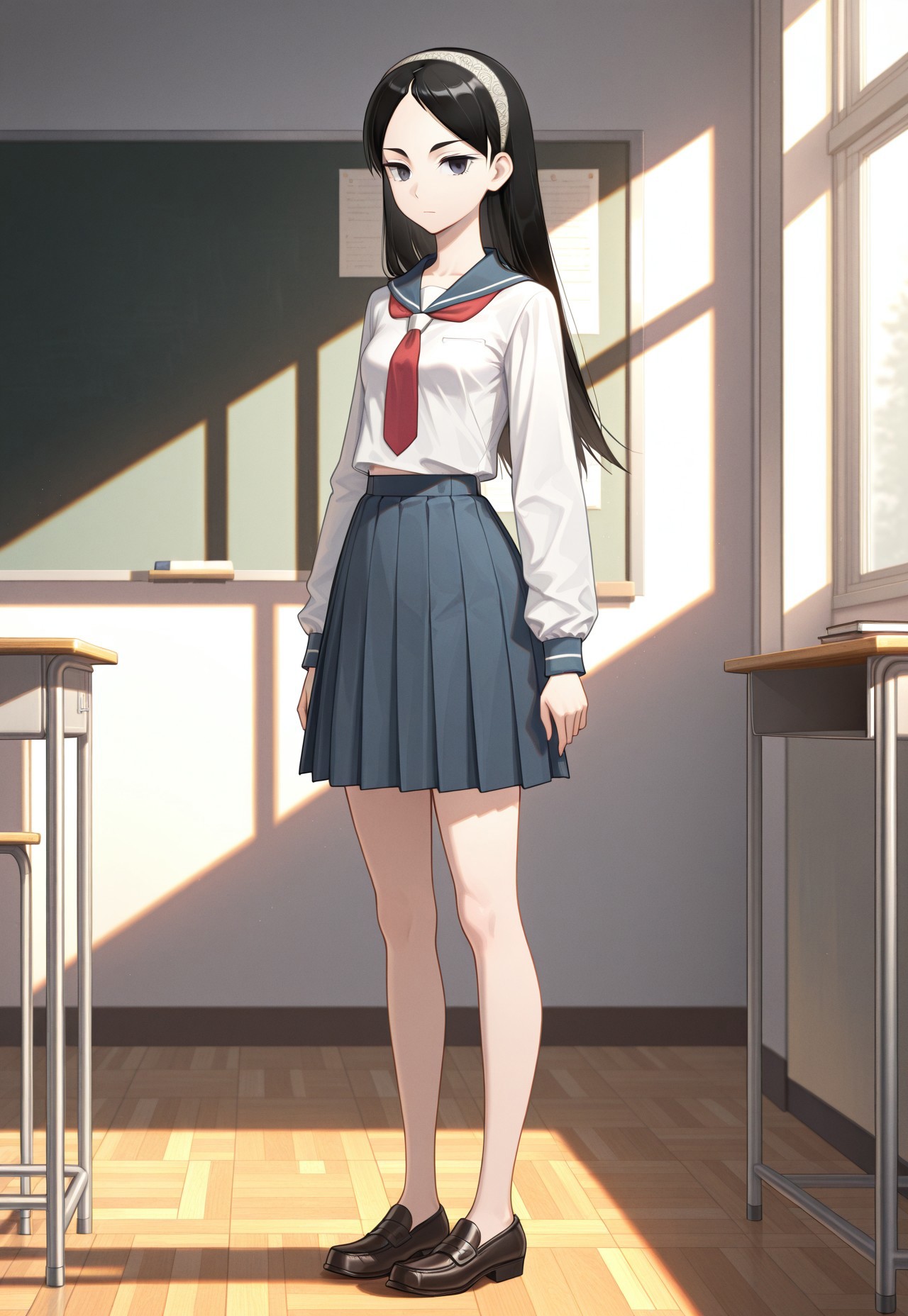safe_pos, masterpiece, best quality, 32k, high resolution, absurdres, kitsu chiri, closed mouth, expressionless, shirt, small breasts, full body, hairband, loafers, indoors, classroom, long sleeves