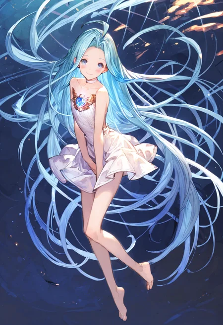 score_9, score_8_up, score_7_up,score_6_up, source_anime, best quality, aesthetic, absurdres,
1girl, solo, smile, blush, (clear eyes:1.2), looking at viewer, full body,
Lyria (Granblue Fantasy), very long hair, blue hair, (body_slim, skinny:1.1), white choker, blue gem, white cami-dress, bare shoulders, strapless, miniskirt, barefoot,
(clear eyes:1.1), <lora:Lyria-Pony:0.8> <lora:IshikePony:0.3>