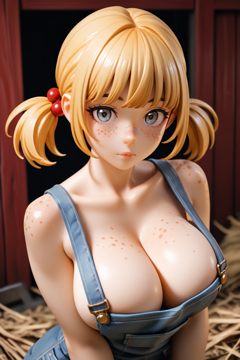 1girl, solo, breasts, looking at viewer,   ,, nose, cleavage, collarbone, nude,shiny skin, upper body, bare shoulders , , freckles, twintails, blonde hair, large breasts, ,short twintails, , blue overalls, body freckles , , short hair, , , denim, , suspenders, bare shoulders, , indoors, shorts, grey eyes,  overalls, overall shorts, barn, high twintails, red bobbles, bangs,