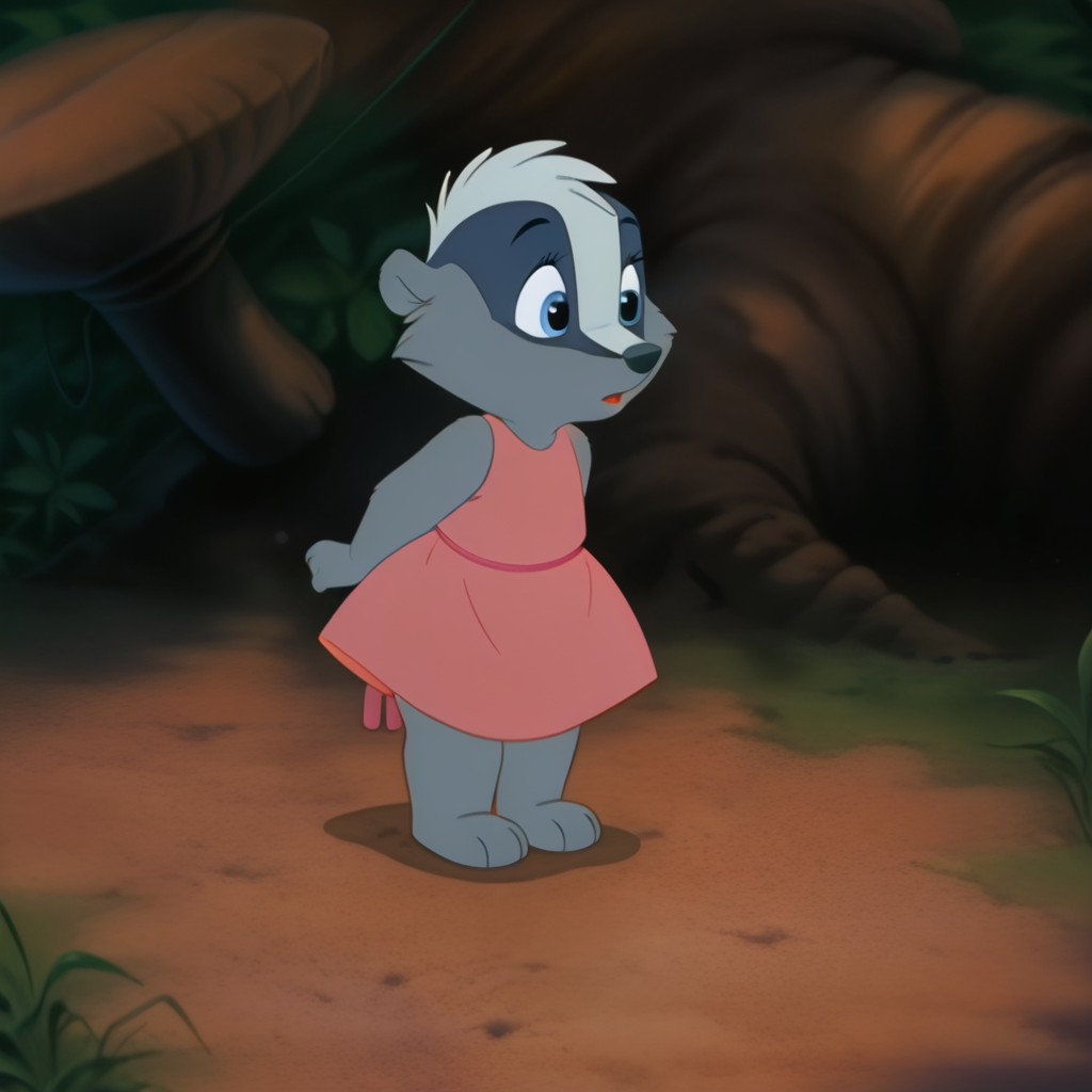 masterpiece, best quality, amazing quality, MichelleouafILv2, semi-anthro, female, badger, blue eyes, grey fur, white hair, short hair, pink dress, pink ribbon belt, standing, in forest,, <lora:446e6b30-2133-400c-ab18-9ac469c1497d:1.0>