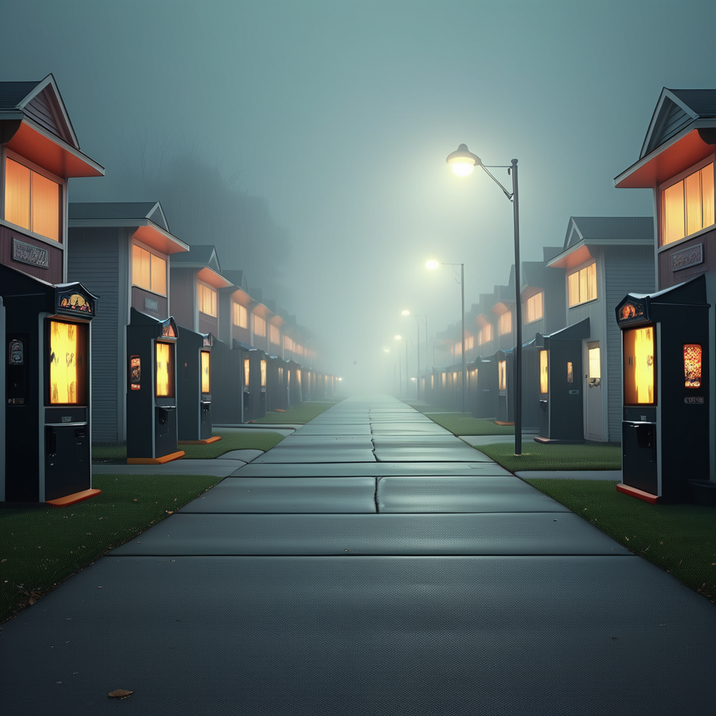 liminal, suburban, depth of field, 
4 story buildings, night, street lamp, 
driveways, arcade cabinets, lineup, 
3 houses, 

architecture, no humans, realistic, 

a lineup of arcade cabinets along the sides of each sidewalk, adjacent side-by-side route,

an intensely creepy and disturbing experience,
driveways, sidewalks, lamps, fog,