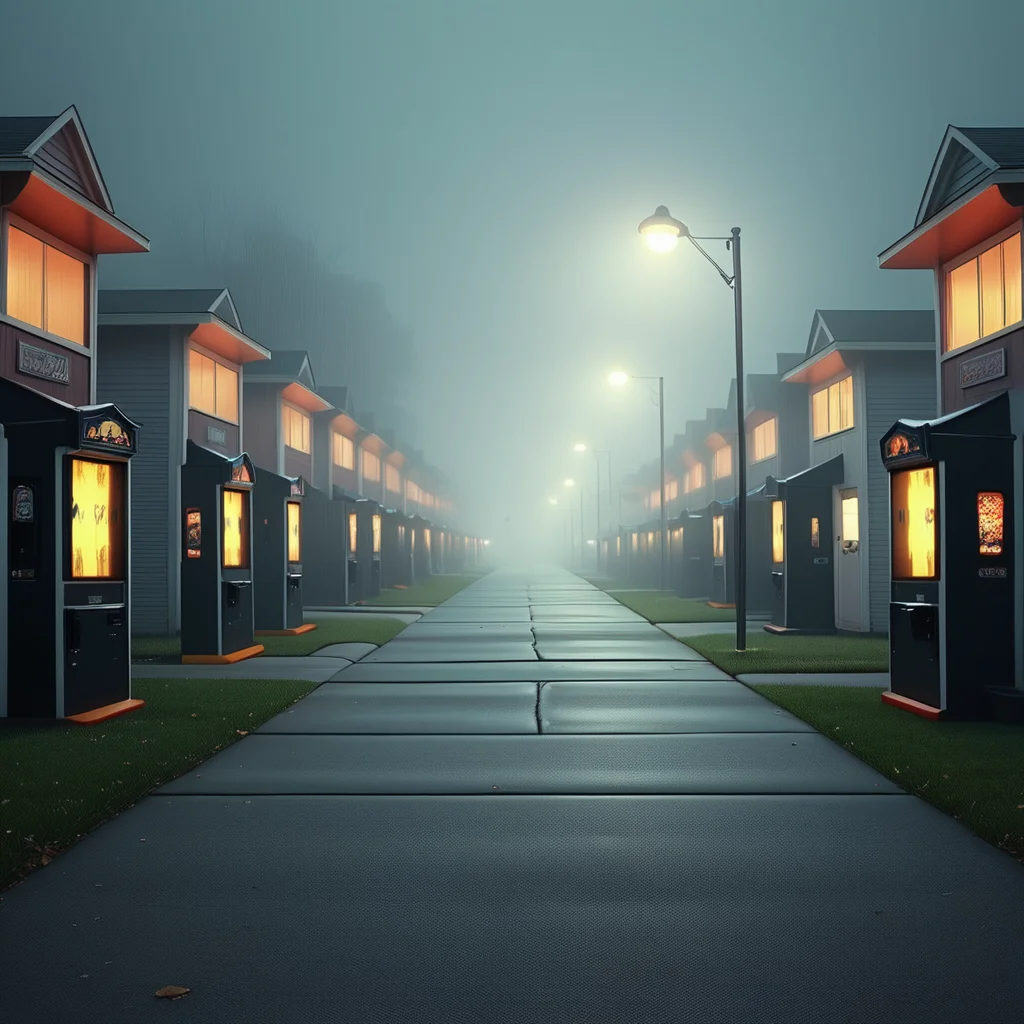 liminal, suburban, depth of field,
4 story buildings, night, street lamp,
driveways, arcade cabinets, lineup,
3 houses,
architecture, no humans, realistic,
a lineup of arcade cabinets along the sides of each sidewalk, adjacent side-by-side route,
an intensely creepy and disturbing experience,
driveways, sidewalks, lamps, fog,