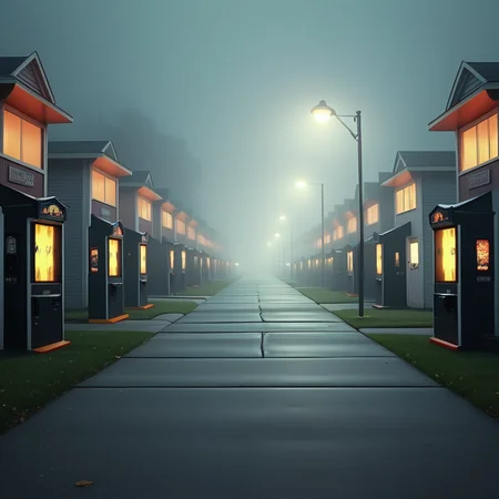 liminal, suburban, depth of field,
4 story buildings, night, street lamp,
driveways, arcade cabinets, lineup,
3 houses,
architecture, no humans, realistic,
a lineup of arcade cabinets along the sides of each sidewalk, adjacent side-by-side route,
an intensely creepy and disturbing experience,
driveways, sidewalks, lamps, fog,