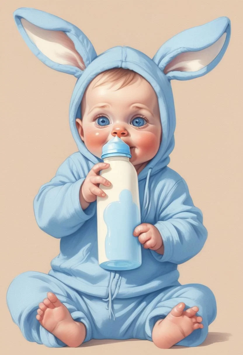 sketch Illustration front view of an cute baby boy, one sagged bunny ear on blue Pajama, sitting with milk pacifier-bottle, open mouth, best quality, 4k textures, ultra detailed