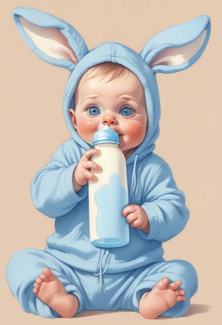 sketch Illustration front view of an cute baby boy, one sagged bunny ear on blue Pajama, sitting with milk pacifier-bottle, open mouth, best quality, 4k textures, ultra detailed