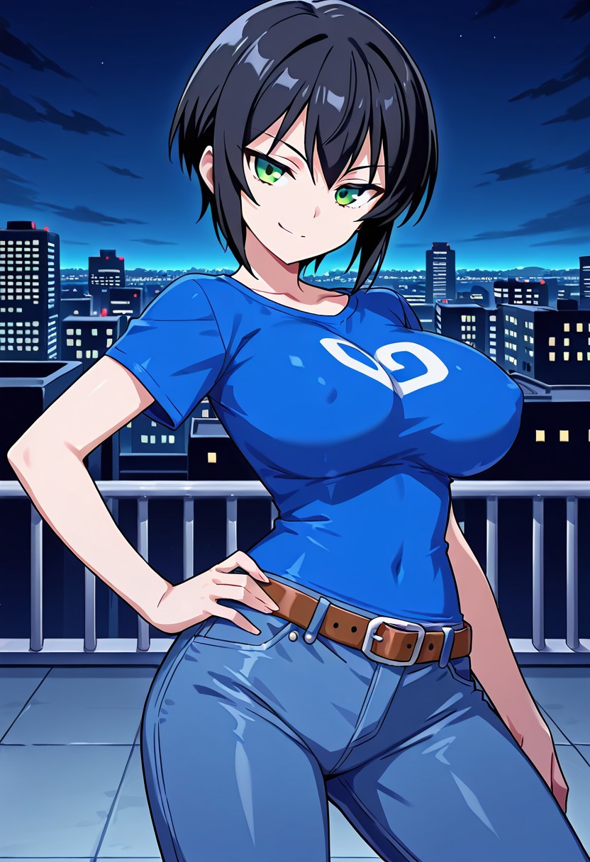 official art, detailed anime, ultra detailed anime art, anime screencap, screencap, score 9, score 8 up, score 7 up, masterpiece, anime coloring, source anime, 
BREAK
UltraGirlZeroH, 1girl, solo, large breasts, black hair, short hair, green eyes, fair skin, curvy, large hips, closed mouth, blue fitted t-shirt, short sleeves, (covered nipples:0.8), belt, jeans, leather boots, heels, 
BREAK
cowboy shot, standing, contrapposto, 1hand on hip, smirk, seductive look, ((frontal view, from front)), city, night, rooftop, detailed background,