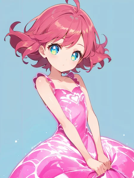 score_9, score_8_up, score_7_up,source_anime, high res image,masterpiece,best quality,(girl:1.0),cute face,clear skin,shiny hair,ultra detailed eyes,simple background, <lora:glow dress_pony_V1.0:0.6> glow dress, henshin,pink dress