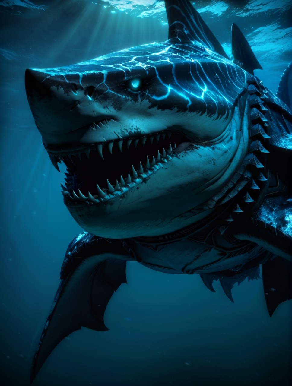 cinewow,deathknight shark,animal,armored,glowing effects,glowing eyes,runes,underwater,masterpiece,awardwinning,8k,epic,cinematic,trending on artstation, <lora:cinewow-step00000350:1>