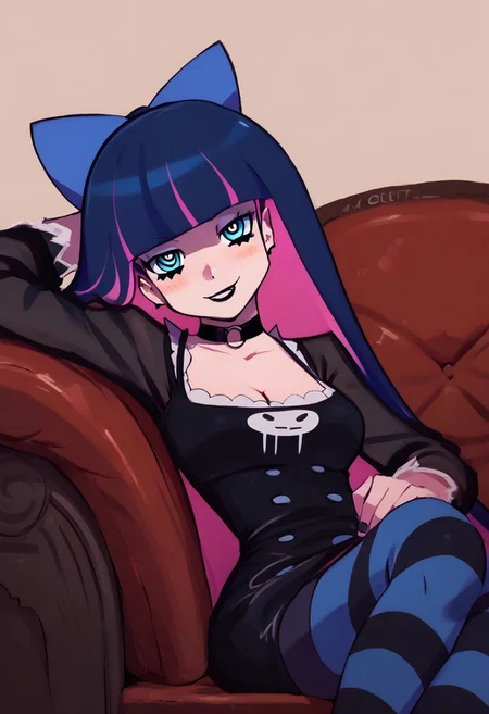 score_9, score_8_up, score_7_up, pretty girl, vivid bright colors,
patStocking, stocking anarchy, blue eyes, blue hair, colored inner hair, hair bow, long hair, multicolored hair, pink hair, two-tone hair, bangs, blunt bangs, striped thighhighs,
goth, black lipstick, choker, dyed hair, tight dress,
blush, looking at viewer,
smile, cleavage,
couch, modeling, sitting on couch, leaning back, head tilt, smirk, detailed eyes,