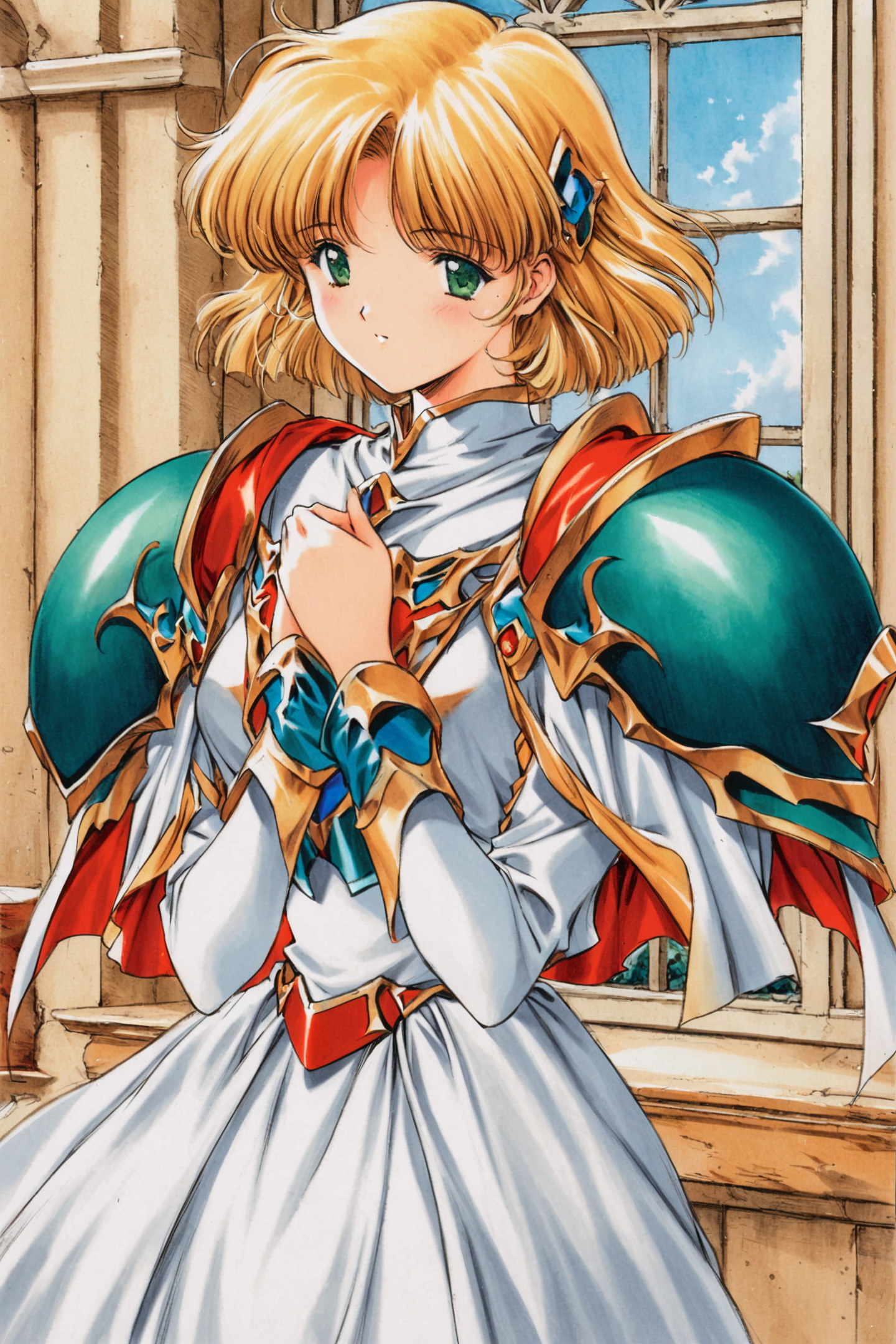 1girl,solo,dress,blonde hair,armor,1990s (style),short hair,own hands together,green eyes,retro artstyle,white dress,cape,window,hair ornament,shoulder armor,indoors,shoulder pads,own own hands together,traditional media,<lora:MIN-NARAKEN_XL:0.8>,