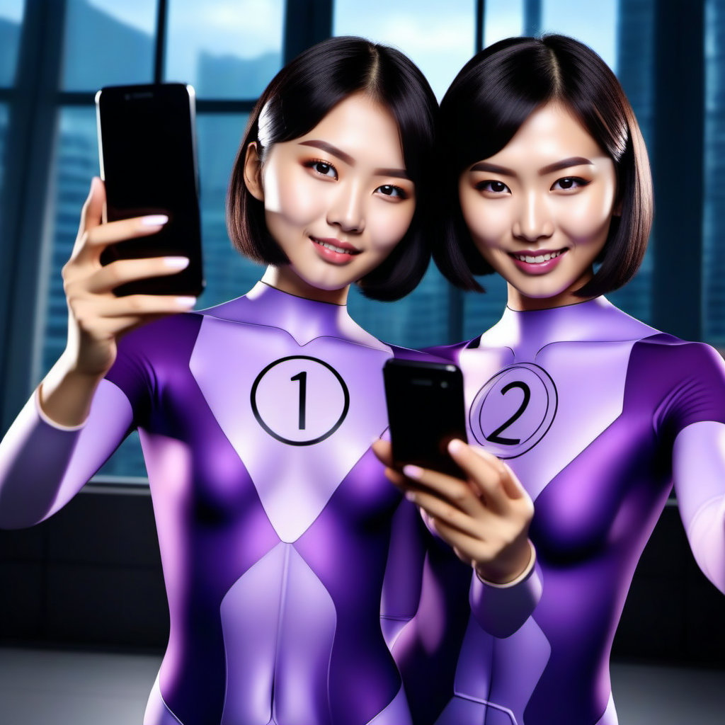 cinematic photo DupliKate1024, (((realistic photo))) of two asian women taking a selfie with a smartphone, wears a purple bodysuit, a number in a circle on the chest  <lora:DupliKate1024:1> . 35mm photograph, film, bokeh, professional, 4k, highly detailed