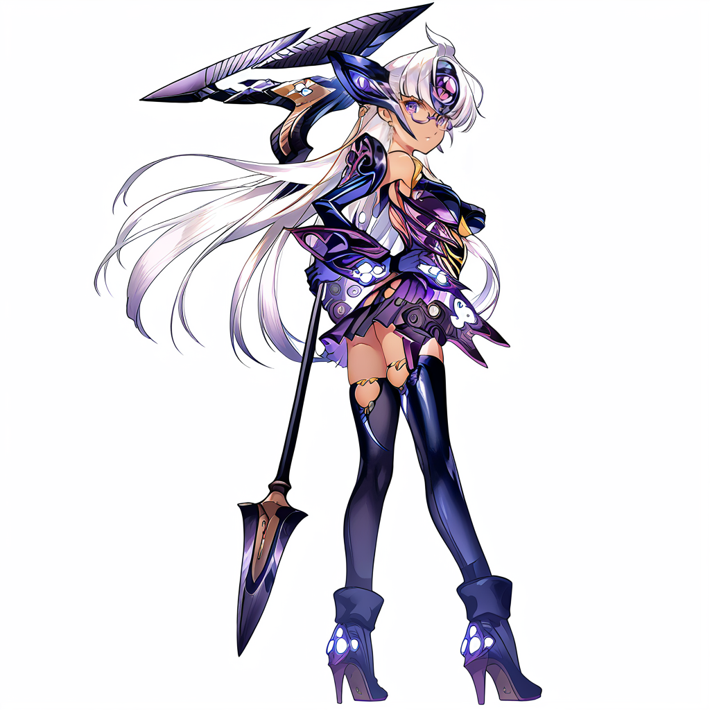 (score_9:0.9),score_8_up,score_7_up,anime style,rating_safe,(zPDXL),<lora:XB2 t-elos re ponyXL v1:0.96>,forehead protector,t-elos re:,purple outfit,1girl,solo,high heels,weapon,looking at viewer,full body,elbow gloves,medium breasts,ass,simple background,looking back,holding,scythe,white background,holding scythe,hand on hip,