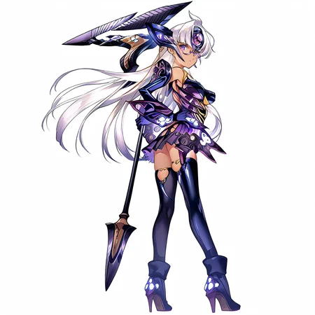 (score_9:0.9),score_8_up,score_7_up,anime style,rating_safe,(zPDXL),<lora:XB2 t-elos re ponyXL v1:0.96>,forehead protector,t-elos re:,purple outfit,1girl,solo,high heels,weapon,looking at viewer,full body,elbow gloves,medium breasts,ass,simple background,looking back,holding,scythe,white background,holding scythe,hand on hip,