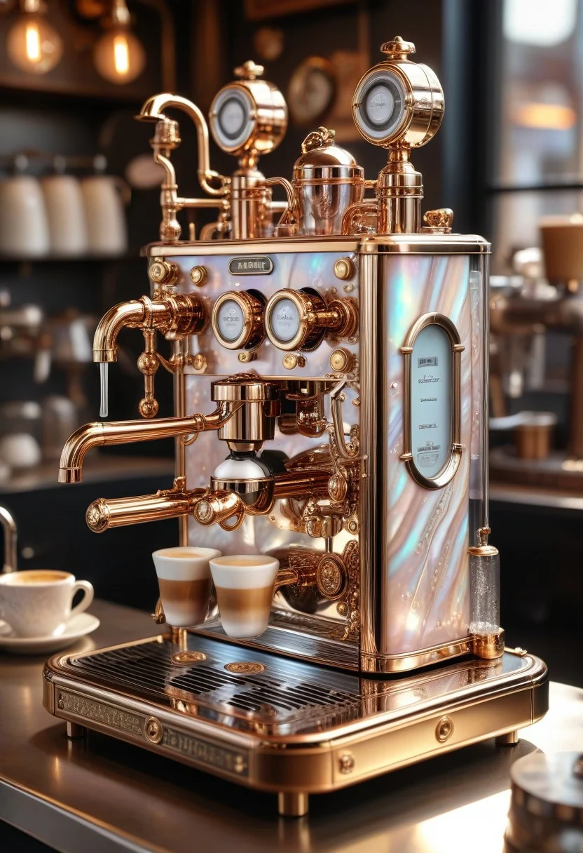 pearlescent style steampunk coffee machine with mother-of-pearl decoration. Realistic technical photo, detailed, pipes, taps, an analog instrument, decorative structure on the counter of a coffee shop. Sunshine. incredible detail, highest quality, 8k ultra-high resolution, visual masterpiece, vibrant, warm