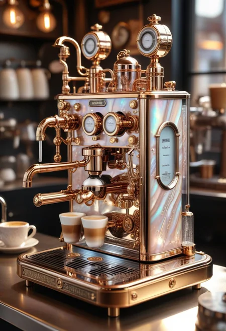 pearlescent style steampunk coffee machine with mother-of-pearl decoration. Realistic technical photo, detailed, pipes, taps, an analog instrument, decorative structure on the counter of a coffee shop. Sunshine. incredible detail, highest quality, 8k ultra-high resolution, visual masterpiece, vibrant, warm