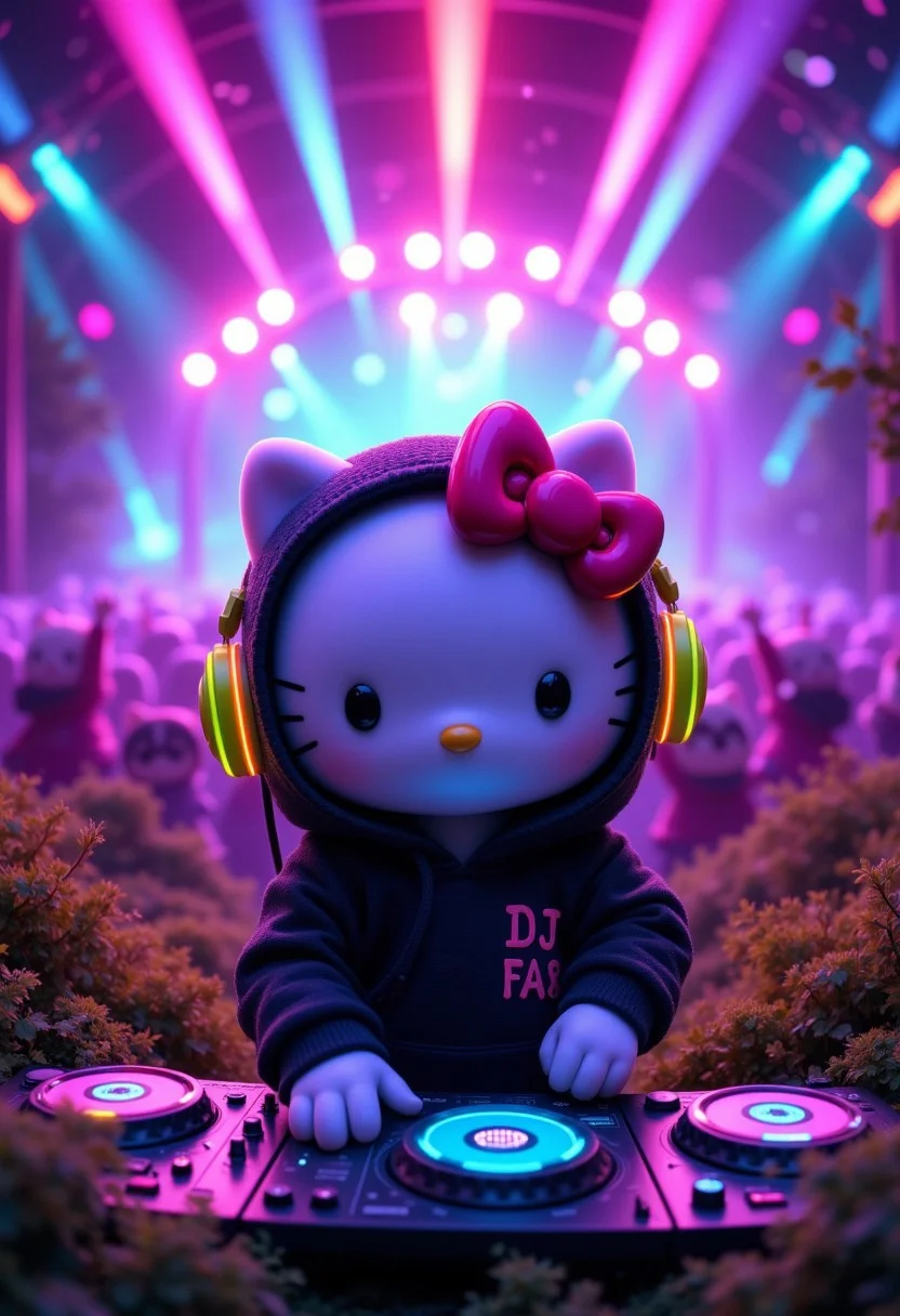 ,A fantastical and surreal scene featuring a cute hello kitty DJ that wears oversized rainbow colored headphones, perfectly perched on its head, and a black hoodie with neon accents, spinning music that seems to electrify the crowd. The stage is a mix of urban nightclub and wild savanna, with flashing neon lights blending seamlessly with natural elements like tall grass and acacia trees. In the background, a lively audience of hello kitty friends, dances under a canopy of glowing, multicolored lights. Smoke machines, lasers, and pulsating speakers enhance the dynamic atmosphere, the text "DJ Hello Kitty in the house !" is prominently displayed , aidmafluxpro1.1