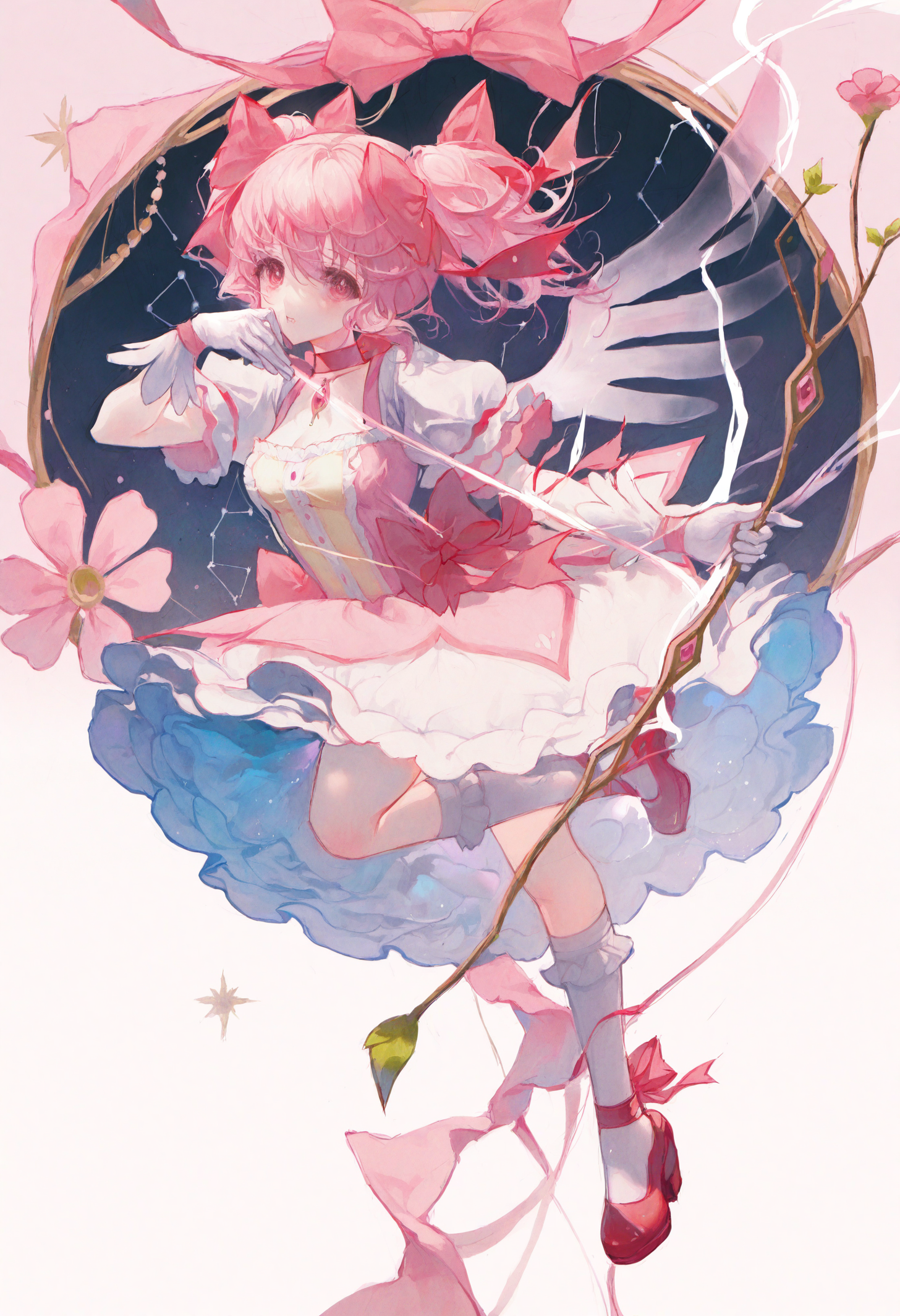 <lora:match2_noob1.1-000190:1>,(maccha \(mochancc\):0.3),
1girl, kaname madoka, bow \(weapon\), solo, pink hair, holding bow \(weapon\), gloves, white gloves, weapon, white socks, socks, bow, holding weapon, short sleeves, pink eyes, puffy short sleeves, choker, pink dress, red footwear, dress, holding, full body, long hair, bubble skirt, constellation, puffy sleeves, pink bow, twintails, magical girl, skirt, looking at viewer, hair bow, frills, standing on one leg, pink flower, kneehighs, flower, leg up, shoes, short twintails, breasts, pink choker, dress bow, wings, frilled skirt, white skirt, arrow \(projectile\), frilled dress,
masterpiece,best quality,newest,absurdres,highres,very awa,