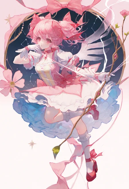 <lora:match2_noob1.1-000190:1>,(maccha \(mochancc\):0.3),
1girl, kaname madoka, bow \(weapon\), solo, pink hair, holding bow \(weapon\), gloves, white gloves, weapon, white socks, socks, bow, holding weapon, short sleeves, pink eyes, puffy short sleeves, choker, pink dress, red footwear, dress, holding, full body, long hair, bubble skirt, constellation, puffy sleeves, pink bow, twintails, magical girl, skirt, looking at viewer, hair bow, frills, standing on one leg, pink flower, kneehighs, flower, leg up, shoes, short twintails, breasts, pink choker, dress bow, wings, frilled skirt, white skirt, arrow \(projectile\), frilled dress,
masterpiece,best quality,newest,absurdres,highres,very awa,