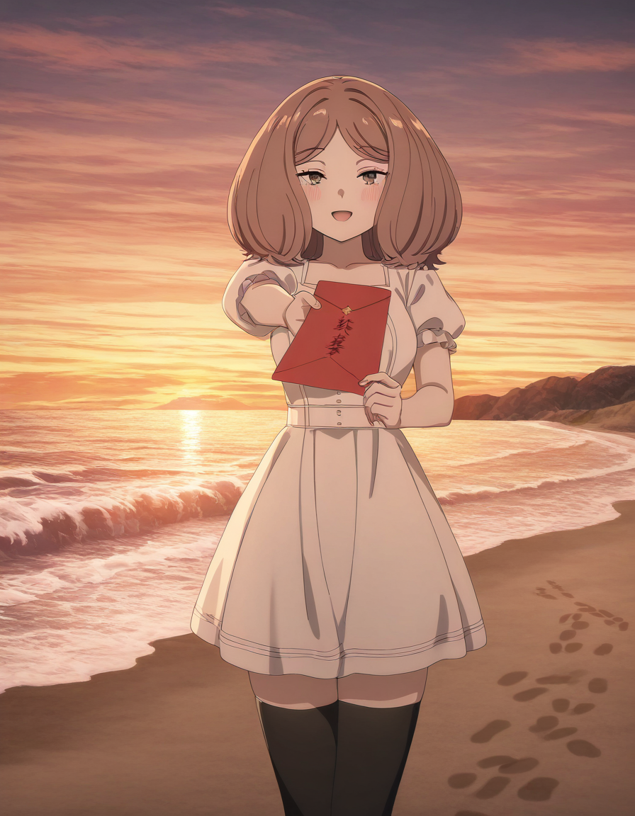 masterpiece, best quality, newest, absurdres, highres, safe,, <lora:mage-edel-s1-illustriousxl-lora-nochekaiser:1>, edel, brown hair, brown eyes, medium hair, medium breasts, anime screencap, thighhighs, dress, black thighhighs, white dress, short sleeves, puffy sleeves, puffy short sleeves, beach, sunset, walking along shore, footprints in sand, waves, peaceful, smile, hongbao, chinese new year, good fortune symbol, holding envelope, envelope, red envelope, outstretched arm, smile, blush, outdoors, open mouth, looking at viewer, looking at viewer, solo,, cowboy shot, solo