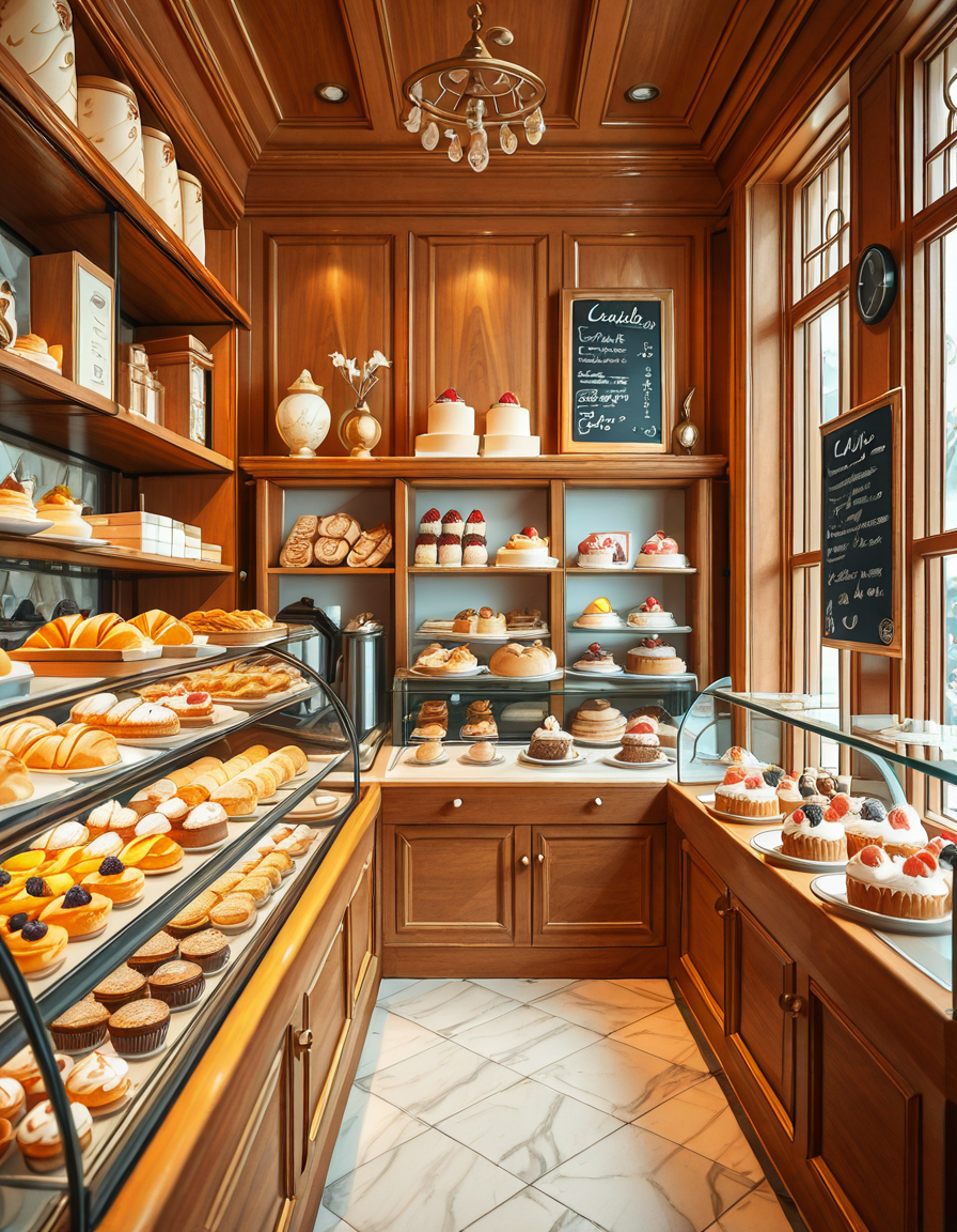 A beautifully designed, elegant pastry shop with a luxurious European-inspired aesthetic. The interior features intricate moldings, high ceilings, and large arched windows that allow natural daylight to stream in, casting a soft glow over the polished marble floors. The walls are adorned with pastel-colored wallpaper, delicate gold accents, and vintage-style framed paintings of pastries and tea sets.
The centerpiece of the shop is a long glass display case filled with an exquisite assortment of pastries, including colorful macarons, delicate éclairs, fruit tarts with glistening glaze, and elegantly decorated cakes with intricate sugar flowers. Behind the counter, shelves lined with neatly arranged boxes of artisanal chocolates, fine teas, and jars of homemade jam add to the refined atmosphere. Crystal chandeliers hang from the ceiling, casting a warm golden light that reflects off the glass surfaces.
Small round tables with marble tops and wrought iron chairs are arranged neatly throughout the space, each set with fine porcelain teacups and decorative napkins. A large antique-style clock hangs on the wall above a wooden shelving unit filled with fresh baguettes and croissants resting in woven baskets. The air is filled with the inviting scent of fresh-baked pastries, vanilla, and rich espresso.
In the background, a grand espresso machine with polished brass fittings sits atop a marble counter, next to a beautifully arranged tiered cake stand displaying freshly made confections. A large, arched doorway with a carved wooden frame leads to a cozy back room with additional seating and a vintage-style menu board showcasing the shop's specialties written in elegant calligraphy. The entire setting evokes a sense of refinement, charm, and indulgence, with a warm and welcoming ambiance.
<lora:SDXLFaeTastic2400:0.4> <lora:extremely_detailed:0.4> extremely detailed, <lora:elegant_p4stry_sh0p_illus:1>,elegant p4stry sh0p, Masterpiece,best quality,hi res,8k,hi res,8k,award winning,(sharp focus, intricate, highly detailed),