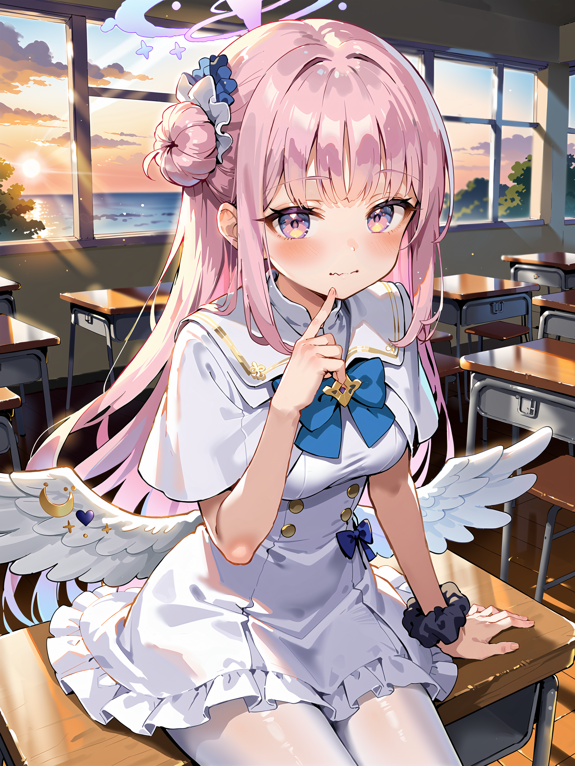 score_9, score_8_up, score_7_up, source_anime, 1girl, mika \(blue archive\), solo, halo, wrist scrunchie, low wings, hair flower, white dress, single side bun, white pantyhose, capelet, blue bowtie, sitting on desk, looking at viewer, gasping, ecstasy, blush, wavy mouth, sunset, classroom, window, backlighting, depth of field,  <lora:Char-BlueArchive-Mika-Pony-V1:0.9>