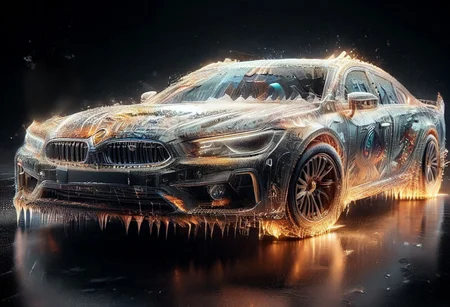 Ice meet flame THEME, (Ghostrider, comics character, man with flaming head skull, with black clothes) in a Toyota supra on (fire, f1r3:1.3) (made of (angular shard, voxel, glass, 1c3_w1n73r:1.5):1.4), (reflection:1.1),