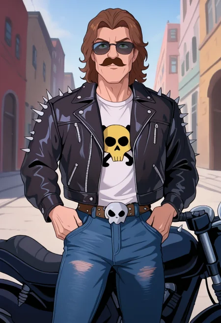 best quality, masterpiece, absurdres, newest, highly detailed,
<lora:TMNT_1987_-_Cartoon_Screen_Captured_Style:1> 1987tmnt5tyl3,
1boy, brown hair, green eyes, male focus, black leather jacket with spikes, tshirt, denim jeans, sunglasses, cowboy shot, cool, facial hair, mustache, belt with skull buckle, outdoors, motorcycle,