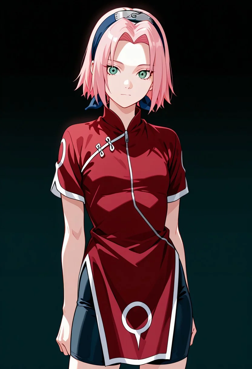 Score_9_up, score_8_up, score_7_up, source_anime, Expressiveh, perfect eyes, 1girl, solo, 1girl, haruno sakura, pink hair, short hair, green eyes, slim body,Small breasts,red shirt, red qipao, black short sleeves, ((bike shorts)), small stature
looking at viewer, guiñando el ojo
masterpiece, best quality, good quality, newest, highres, absurdres, volumetric lighting,gradient color,
BREAK
raytracing, volumetric lighting, ambient occlusion, luminescent background, masterpiece, best quality, very awa, absurdres,
BREAK
Japanese,
BREAK
BREAK masterpiece, best quality, amazing quality, (perfect anatomy:1.2), (beautiful artwork), (beautiful color), strong lighting, <lora:blm_ILL_V1:0.3>, <lora:HandFineTuning_XL:0.7>
