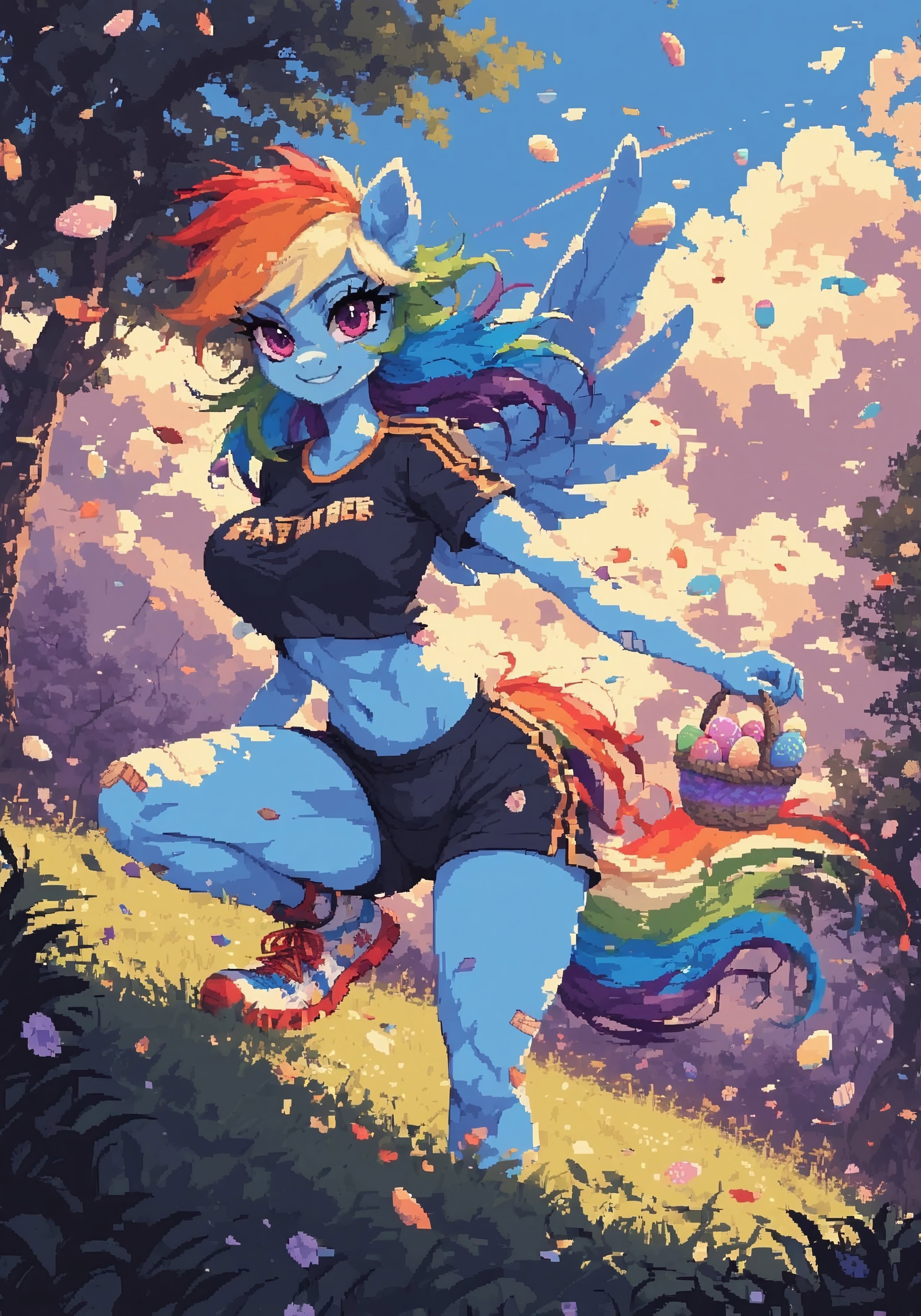 <lora:d3p1x3lXLP:1> d3p1x3l, pixel art, score_9, score_8_up, score_7_up, source_pixel, screencap, solo BREAK 1girl, rainbow dash, anthro, pegasus, (rainbow mane:1.3), tail, (feathered wings:1.2), (beautiful purple eyes:1.3), long eyelashes, (happy expression, cute face:1.3), smirk, looking at viewer, athletic, toned belly, large breast, thick thighs BREAK dynamic pose, (sporty easter crop top:1.2), pastel shorts with rainbow details, knee bandage, colorful sneakers, easter basket full of eggs BREAK sprint through meadow, wild easter egg hunt, scattered eggs, panicked bunnies, fluttering petals, racing through grass, blue sky with clouds, wind trails, spring sunlight BREAK extremely dynamic composition, bright colors, spring lighting, soft shadows, fast motion blur effect, detailed background, Expressiveh, detailed background, OverallDetail, zPDXL3