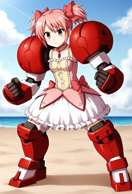 <lora:Hyper-SDXL-8steps-lora:1> <lora:Fixhands_anime_bdsqlsz_V1:1> zPDXL2, score_9, score_8_up, score_7_up, source_anime, intricate details, perfect anatomy BREAK
outdoors, beach, expressionless, 1girl, solo, fighting stance, angry, screaming, punching, 
kaname madoka, (mahou shoujo madoka magica:0.8), pink hair, short twintails, pink eyes, magical girl, (faceless female:-1.5), 
<lora:GAGE-titus_XL(pony)v10:1> gage-titus, mecha musume, red shoulder armor, mechanical arms, mechanical legs,