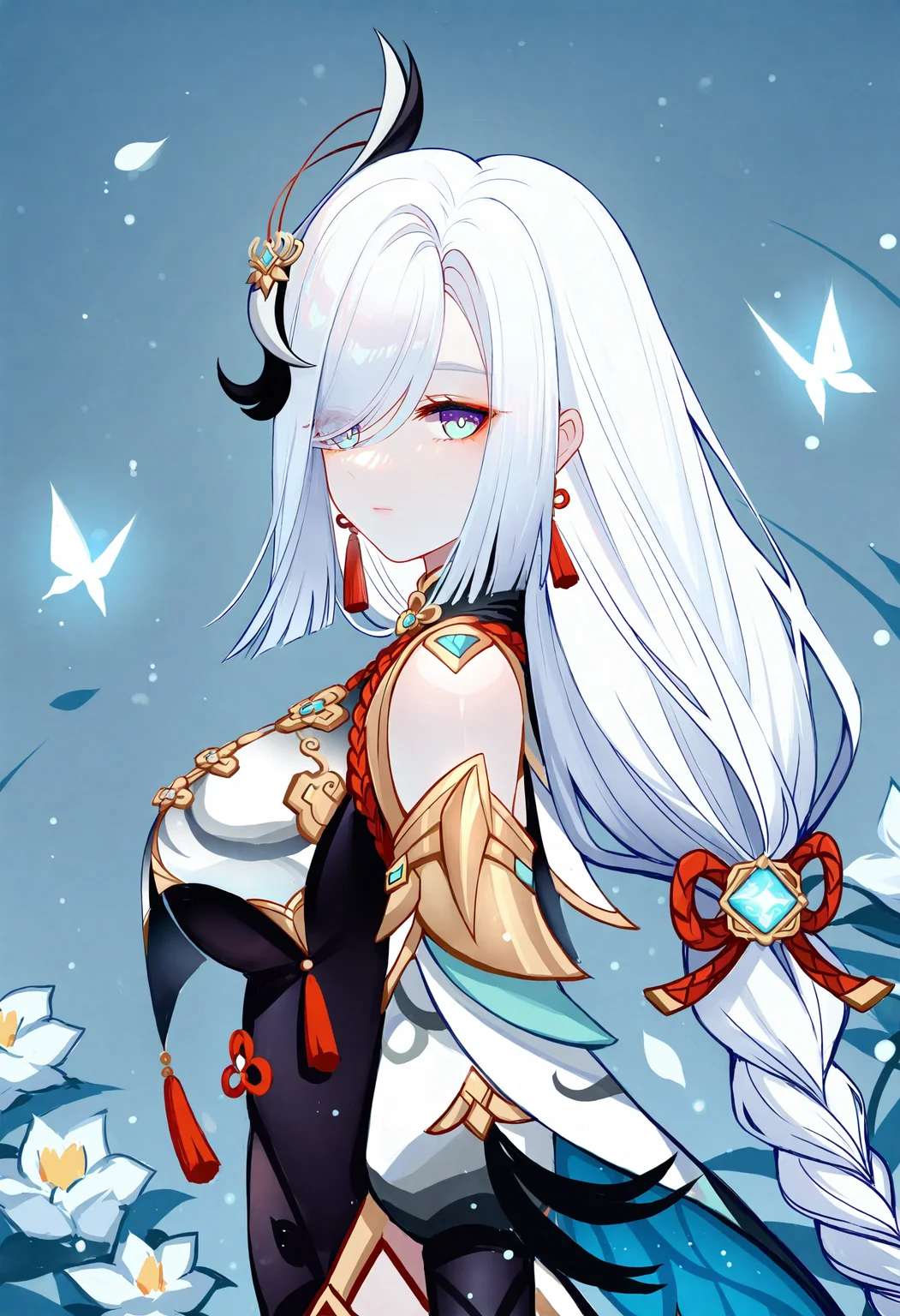 1girl, shenhe \(genshin impact\), solo, breast curtain, long hair, jewelry, breasts, white hair, blue eyes, looking at viewer, earrings, bug, braid, butterfly, gold trim, hair ornament, tassel, braided ponytail, upper body, bodysuit, large breasts, black bodysuit, shoulder cutout, vision \(genshin impact\), tassel earrings, very long hair, closed mouth, clothing cutout, flower, expressionless, makeup, eyeshadow, from side, bare shoulders, hair over one eye,
masterpiece,best quality,newest,absurdres,highres,very awa,<lora:sheya1_noob1.1-000198:0.8>,
