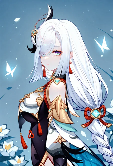 1girl, shenhe \(genshin impact\), solo, breast curtain, long hair, jewelry, breasts, white hair, blue eyes, looking at viewer, earrings, bug, braid, butterfly, gold trim, hair ornament, tassel, braided ponytail, upper body, bodysuit, large breasts, black bodysuit, shoulder cutout, vision \(genshin impact\), tassel earrings, very long hair, closed mouth, clothing cutout, flower, expressionless, makeup, eyeshadow, from side, bare shoulders, hair over one eye,
masterpiece,best quality,newest,absurdres,highres,very awa,<lora:sheya1_noob1.1-000198:0.8>,