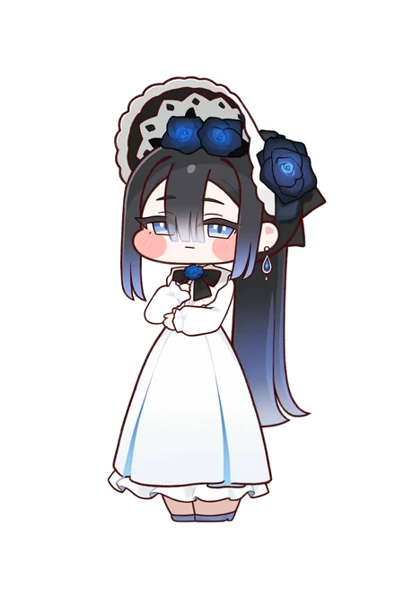 (trickcalcg), (chibi, chibi only:1.3), blush, blush stickers, 
1girl, solo, long hair, looking at viewer, blush, blue eyes, simple background, black hair, long sleeves, hair ornament, white background, dress, hat, bow, hair between eyes, closed mouth, jewelry, very long hair, standing, blue hair, full body, ponytail, flower, multicolored hair, sidelocks, earrings, frills, shoes, hand up, bowtie, hair flower, white dress, chibi, two-tone hair, sleeves past wrists, black headwear, sparkle, black bow, gradient hair, white headwear, rose, blush stickers, transparent background, frilled dress, eyes visible through hair, hand on own chest, blue flower, blue footwear, black bowtie, long dress, hat flower, long bangs, blue rose, two-tone dress, bonnet, :|, dress flower, blanchet \(trickcal\), 
(masterpiece, best quality, absurdres, highres, newest, very awa:1.2), 
