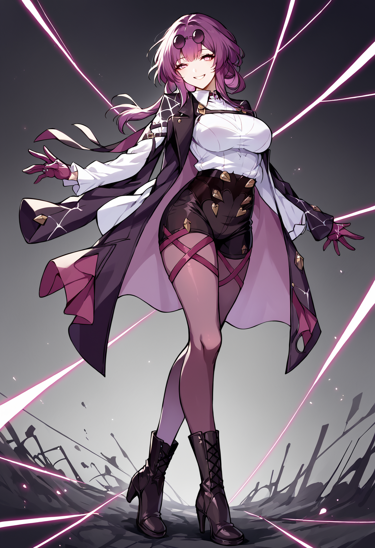 score_9, score_8_up, score_7_up, source_anime, 1girl, mlkfk, eyewear on head, jacket on shoulders, long hair, pince-nez, purple hair, round eyewear, sunglasses, white shirt, double breasted, high, asymmetrical gloves, spider web print, high heel boots, knee boots, pantyhose under shorts, purple pantyhose,  <lora:Kafka-pdxl-1:1>, mature female, smile, cowboy shot,