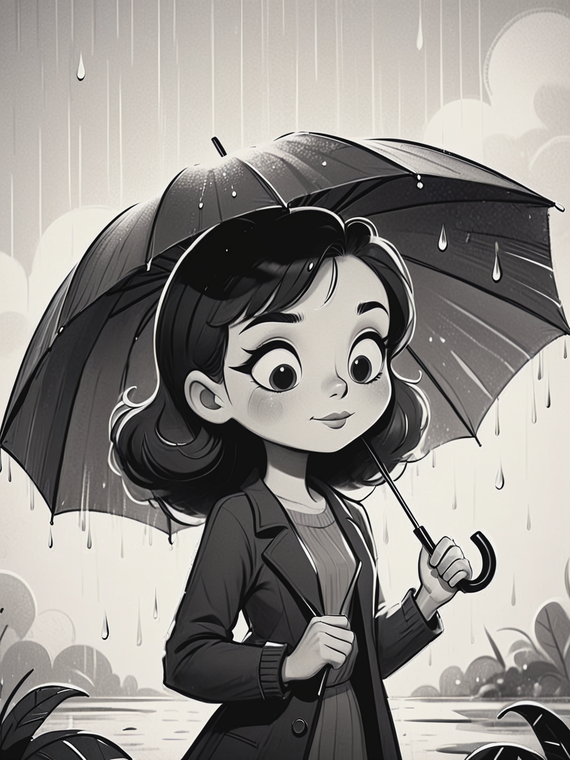 black and white vintage cartoon of girl with umbrella,dynamic pose, sketch,close-up, minimalism, abstract, Doodle sketch, cute and funny, simple background, dynamic angle,water drops, clouds,  <lora:BW_Vintage_Cartoon:0.8>