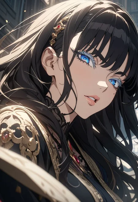 gorgeous lips, cinematic, (masterpiece), (best quality), (ultra-detailed), very aesthetic, illustration, perfect composition, intricate details, absurdres, detailed face, (anime, masterpiece, intricate:1.3),  (beautiful detailed face, beautiful detailed eyes)
1woman, solo, eyeliner, gorgeous lips, black long hair, blue eyes, a mole on the right side of the mouth, a classic shape, ties, thin eyebrows, painted eyelashes, an elegant face