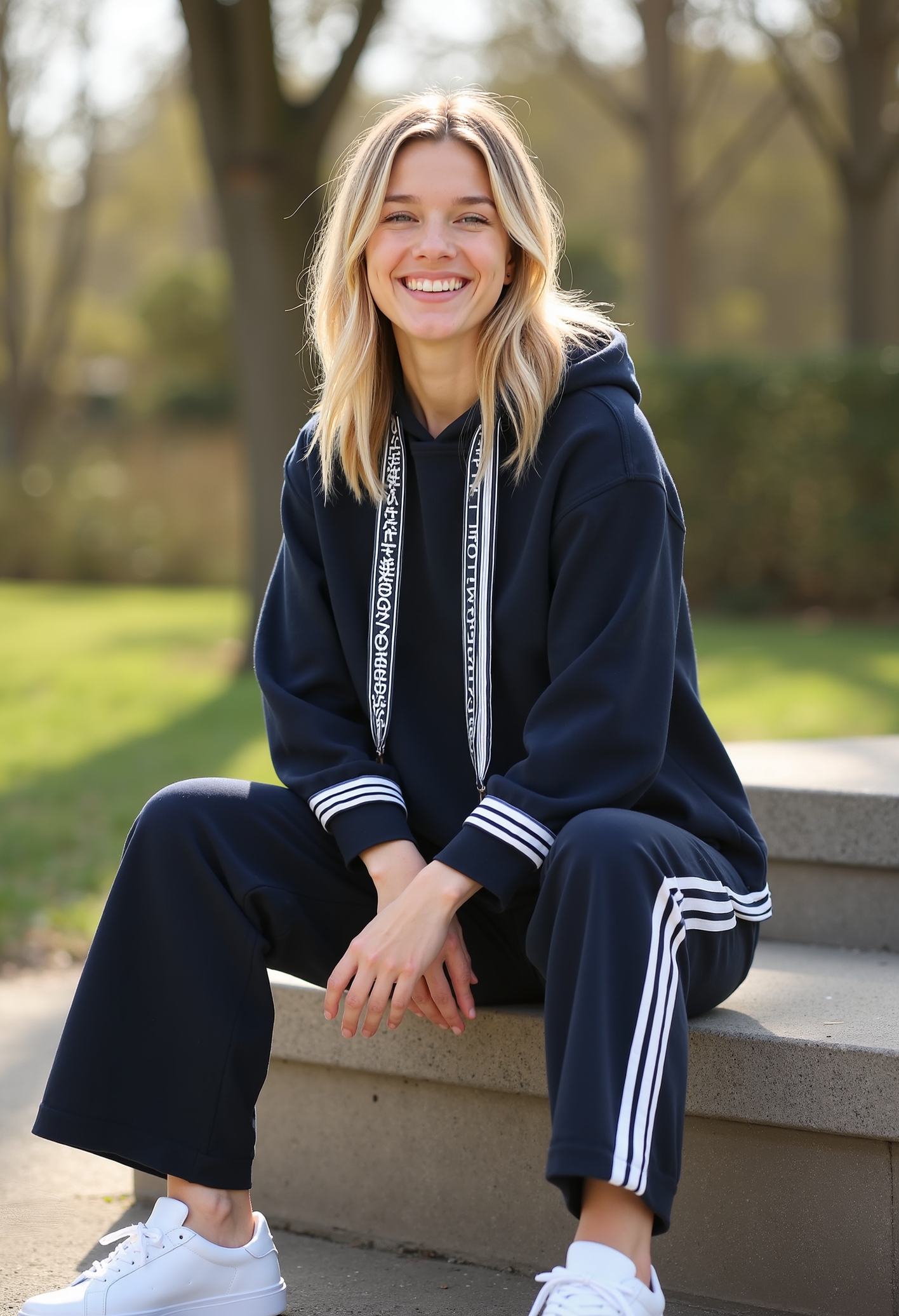 beautiful young woman, smiling, medium blond hair, clo015, woman wearing a navy-blue hoodie with graphic ribbon details and white accents, wide trousers with side stripes and a bold text detail, white platform sneakers, sitting on a bench in a park, sunshine