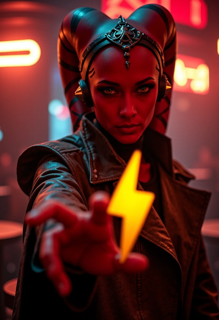 photograph of a twilek smuggler red skin and hazel eyes with her lekku over her shoulders wearing a leather duster coat holding out a lightning bolt logo towards the viewer, in a dimly lit cantina