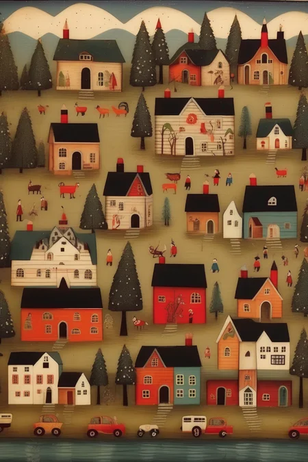 <lora:Folk Art:1>Folk Art - A vintage village done in folk art style please