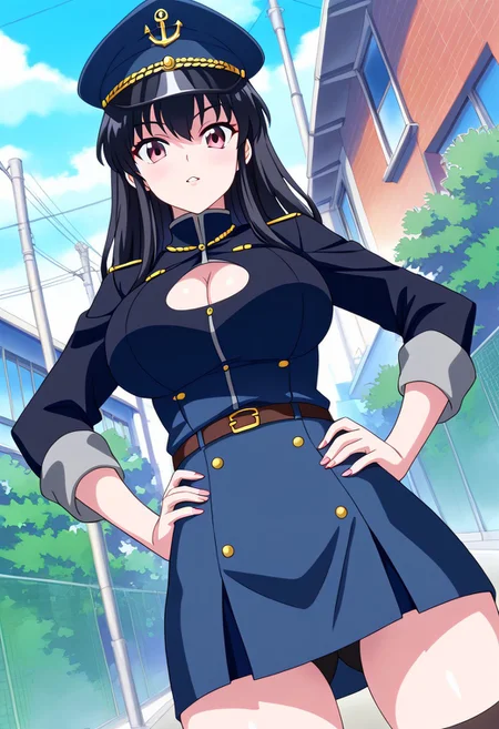 rating_safe, Ultra-high-detailed Anime illustration of Captain Rachel. Rachel is a female captain in military Navy. The artwork features Rachel in a solo, standing position with a outdoors, street background. She is depicted with intricate details showcasing her big breasts. She is a white skinned, 23 years old german woman. Rachel is looking at the viewer with perfect colorful eyes, Her pupils are highly detailed. The eyes are open and her eye color is green. Rachels eyes are highlighted. She has long hair, long black hair styled in straight hair, shiny hair. She is wearing a dark black uniform jacket, dark black_uniform jacket, dark black Captains Cap with golden anchor and a mid black school skirt. Captains Cap Navy. small cleavage cutout. skin tight. hands on hips. The artistic style is intricate_details_xl with a focus on realistic art. The color palette emphasizes gray and black, with detailed strokes to bring out the character's features. The lighting creates dramatic shadows and highlights, adding depth to the artwork. The perspective is from a dutch angle to enhance the impact of the character's expression. This masterpiece is a true portrayal of Rachel's complex personality and will captivate any fan of Rachel. uncensored.