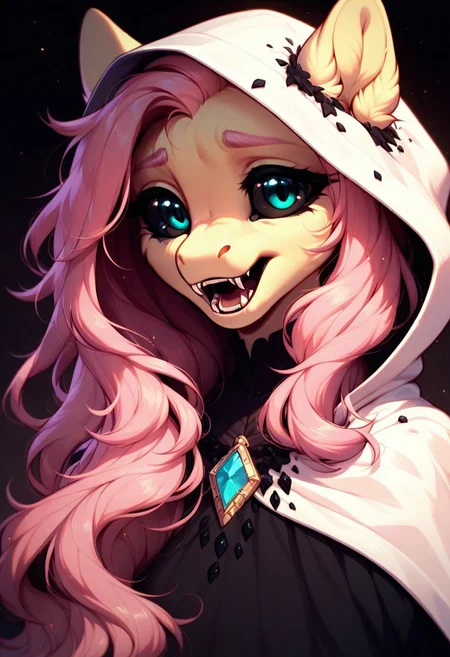 core_9, score_8_up, score_7_up, score_5_up, score_pastel, ((masterpiece)), ((best quality)), (high detail), (ultra detail), Fluttershy, anthro pony, (black eye color:1.5), (black sclera:1.5), glowing red pupils, in a hood, close-up face, open mouth, disheveled hair, fangs, solo, dark aesthetic, subtle horror vibes, dramatic lighting, intricate details