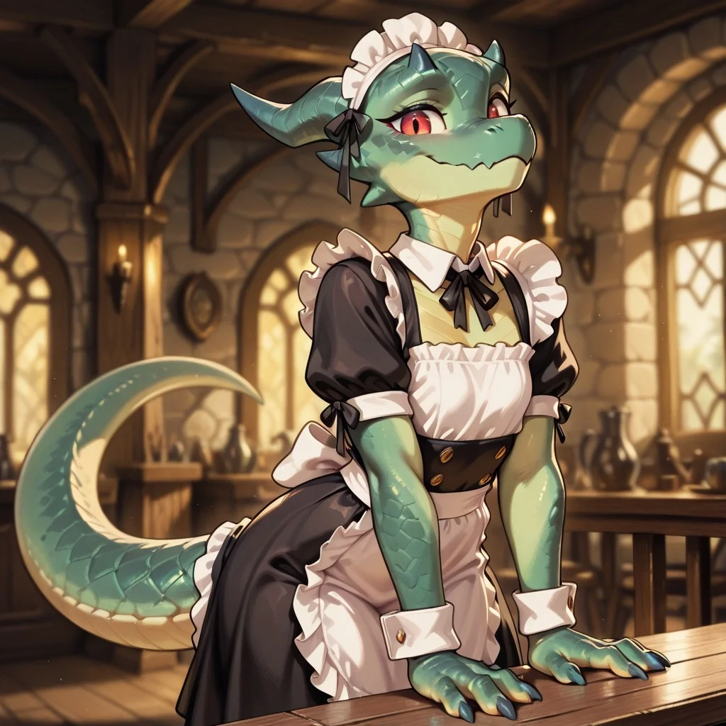 masterpiece, best quality, amazing quality, very aesthetic, solo,
kobold, furry dragon, tail, short stature,
1girl, female focus, green skin, red eyes, maid costume,
looking at the viewer,
fantasy background, blurred background,