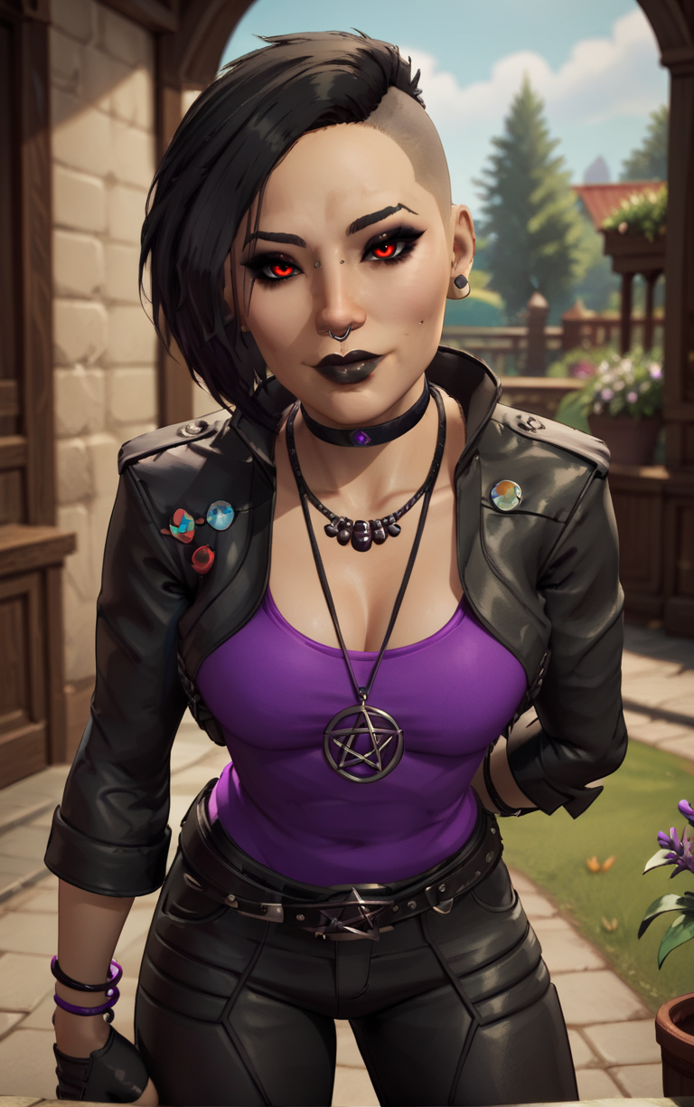 score_9, score_8_up, score_7_up, score_6_up, BREAK
PONYXL_MarvelMidnightSuns_NicoMinoru_ownwaifu,
1girl, asymmetrical hair, black eyeshadow, black hair, brown eyes, nose piercing, pentagram necklace, short hair, stud earrings, undercut, jewelry, necklace, makeup, medium breasts,  earrings, eyebrow piercing, black lips, pendant,  ear piercing, nail polish, lipstick, lips, lip piercing, eyeshadow, nose,  
leather jacket, purple shirt, cleavage, black choker,  open jacket, black jacket, bracelet, belt, fingerless gloves, badge, pentagram, black pants, cropped jacket, black gloves, leather pants, bangle,
(leaning forward, arms behind back), cowboy shot, garden, wisteria, outdoors, <lora:PONYXL_MarvelMidnightSuns_NicoMinoru_ownwaifu:0.85> , depth of field 
,
