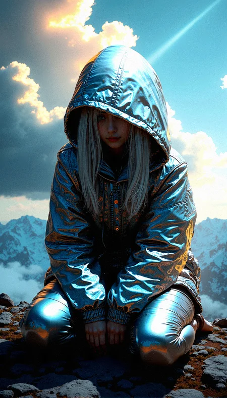 A mysterious beauty is the focal point of this intricate digital artwork, her shining silver hair barely visible beneath a hooded jacket. The jacket is made of a reflective, almost metallic material that catches and refracts light in complex ways, creating a visually stunning texture. The figure’s eyes are hidden in the shadows of the hood, adding to the air of mystery and intrigue. The background features a dramatic, on a cold mountain summit, cloud-filled sky, rich with vibrant colors and swirling patterns, as if nature itself is in turmoil or transition. The lighting is intense, with beams of light cutting through the clouds, casting dynamic shadows across the figure’s face and clothing. The overall composition is highly complex, with rich, saturated colors and extreme detail, making every element—from the texture of the jacket to the vibrant sky—stand out with striking clarity and depth.
Sitting on the ground with knees drawn up and hands resting on them.