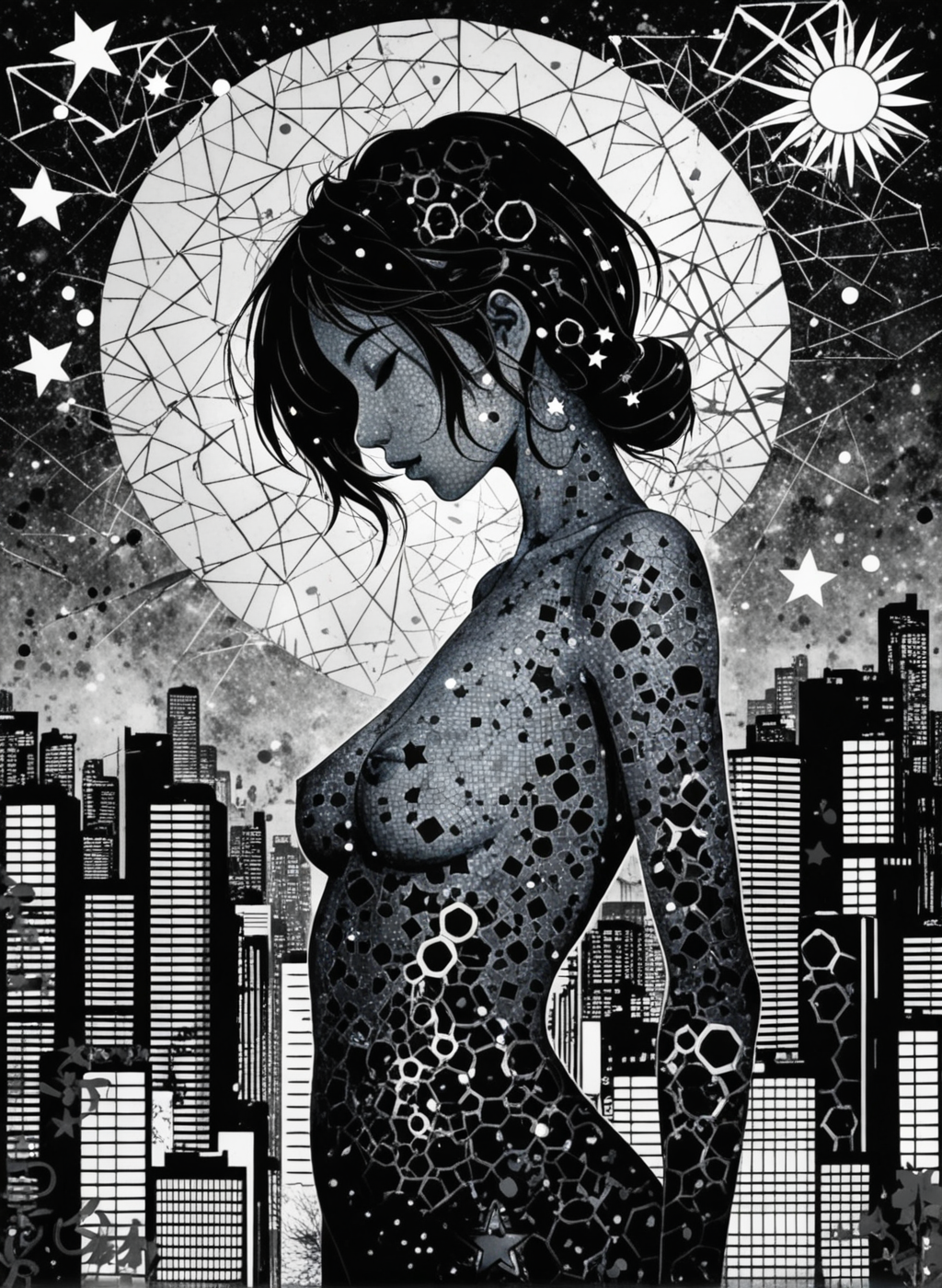 score_9, score_8_up, score_7_up, source_anime, XUER gufeng, inky silhouette of a fragmented woman with dot-speckled skin, nestled in a mosaic of monochrome and metallix hues, sprouting zentangle limbs amidst an urban ukiyo-e skyline, under a star-tinged graffiti nebula that breathes uncanny life