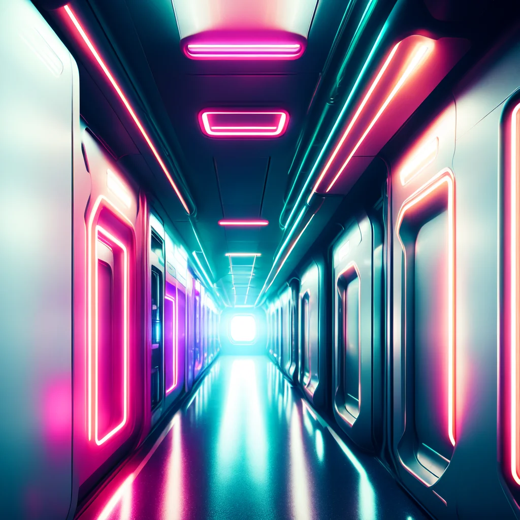 (corridorfuturism style:1) hallway in a space station with neon lights <lora:djzCorridorFuturismV21:0.8>