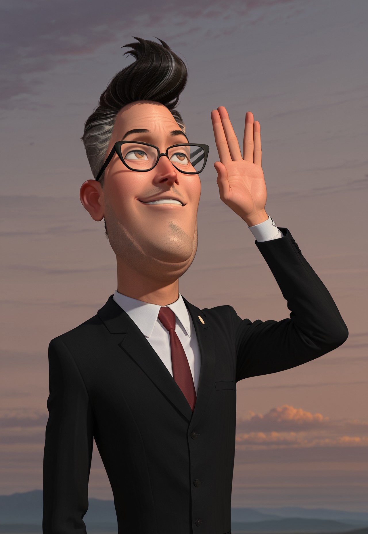 masterpiece, best quality, amazing quality, detailed background, intricate details, dynamic, cinematic, animated, anime realistic shading, solo, male focus, 1boy, handsome, h4thaway, dark hair, two-tone hair, pompadour, brown eyes, glasses, facial hair, stubble, black tuxedo, white shirt, red necktie, lapel pin, black pants, black shoes, smug, vulcansalute hand gesture, abstract background,